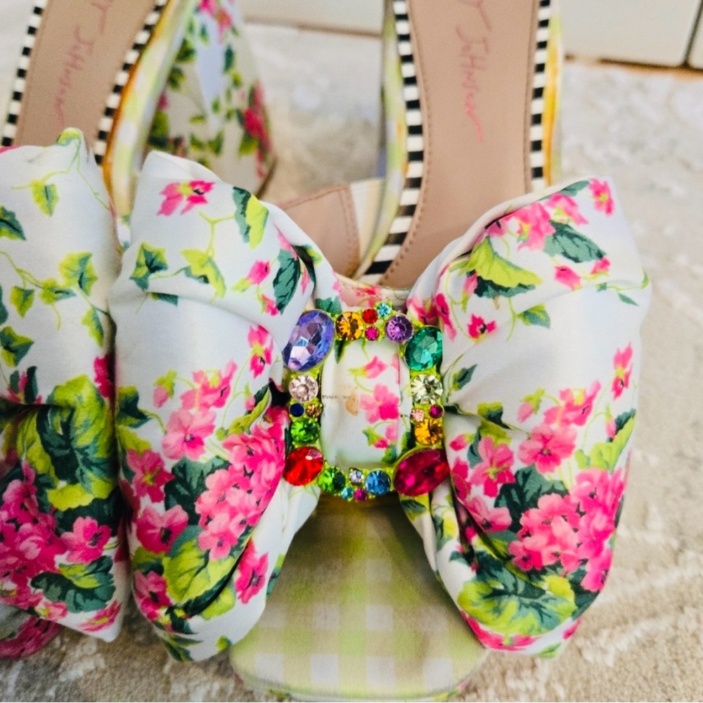 Betsey Johnson Pink, White & Green Floral with Jewel Mules & Chunky Heels - Picture 5 of 14